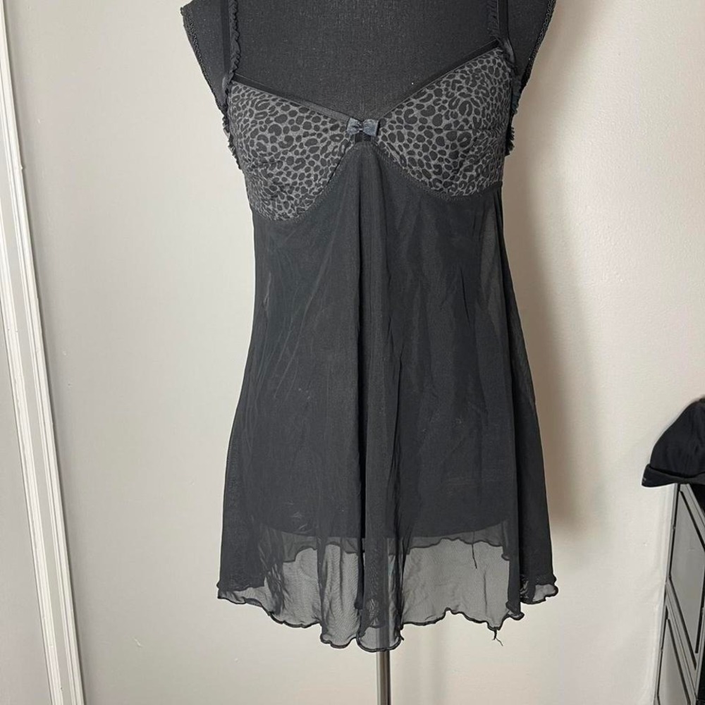 Grey leopard print babydoll top with sheer mesh overlay and adjustable straps